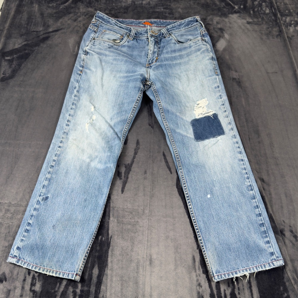 Tommy Bahama Santorini Straight Jeans Mens 35x34 Blue Distressed Patched Light
